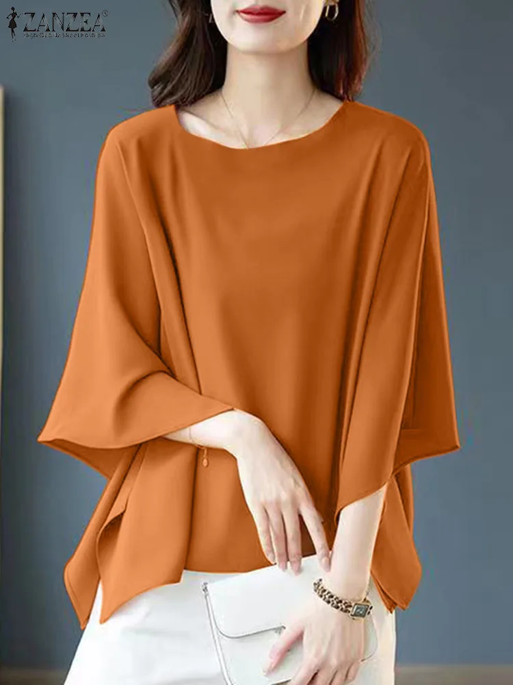 ZANZEA 2024 Summer Round Neck Shirt Women Dolman 3/4 Sleeve Blouse Casual Baggy Blusas Elegant Office Tunic Ladies Designer Tops