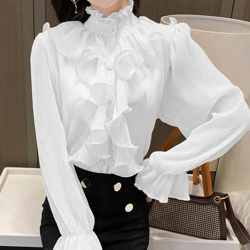 Elegant Women Lace Chiffon Shirt Vintage Clothes Long Puff Sleeve Blouse Spring Stand Collar White Loose Tops 12946