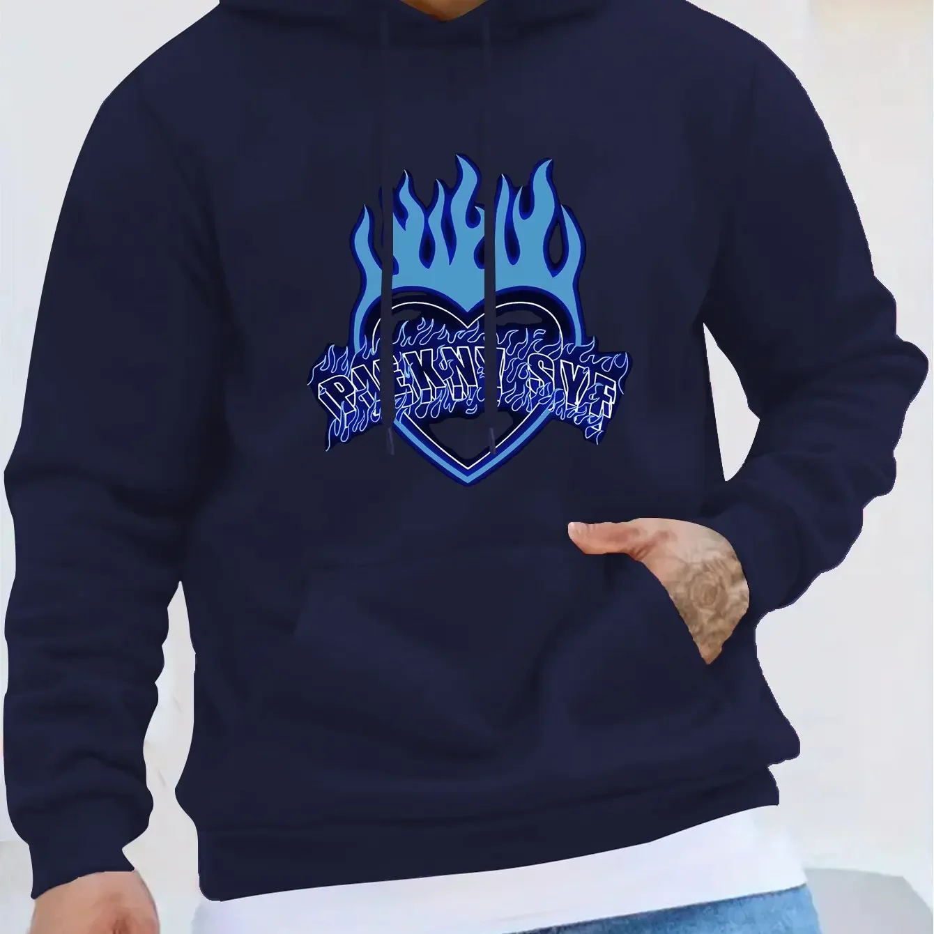 Y2K Street Hoodie For Men Burning Blue Heart Stylized Graffiti Text Front Graphic Unisex Loose Long Sleeve Pullover