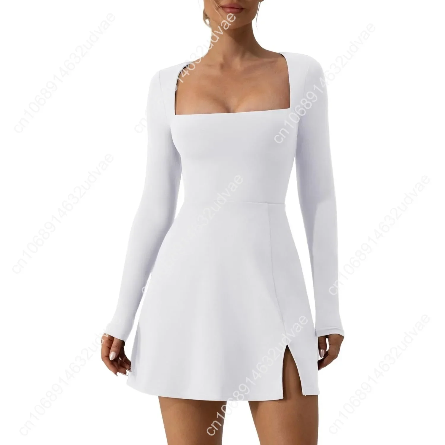 

QINSEN Womens Square Neck Bodice Dress Long Sleeve Side Slit Flare Mini Dresses