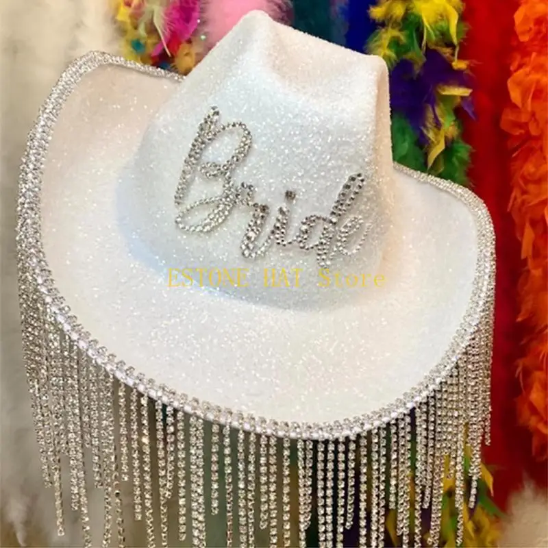 49MF Sombrero vaquera con borlas y diamantes imitación brillantes, sombrero ancha para despedida