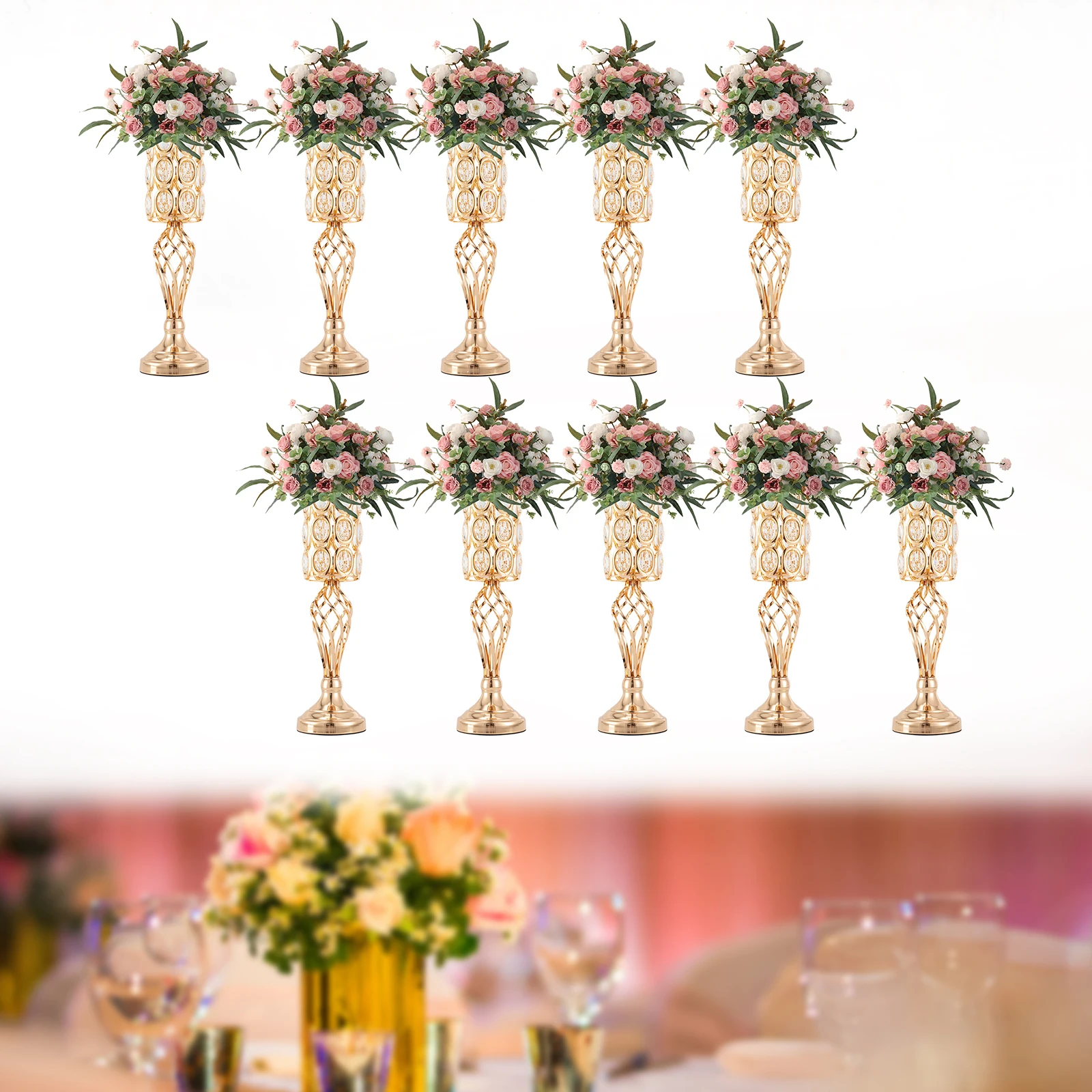 

10X Romantic Wedding Flower Vases with Crystal Beads Metal Table Centerpieces 50cm H