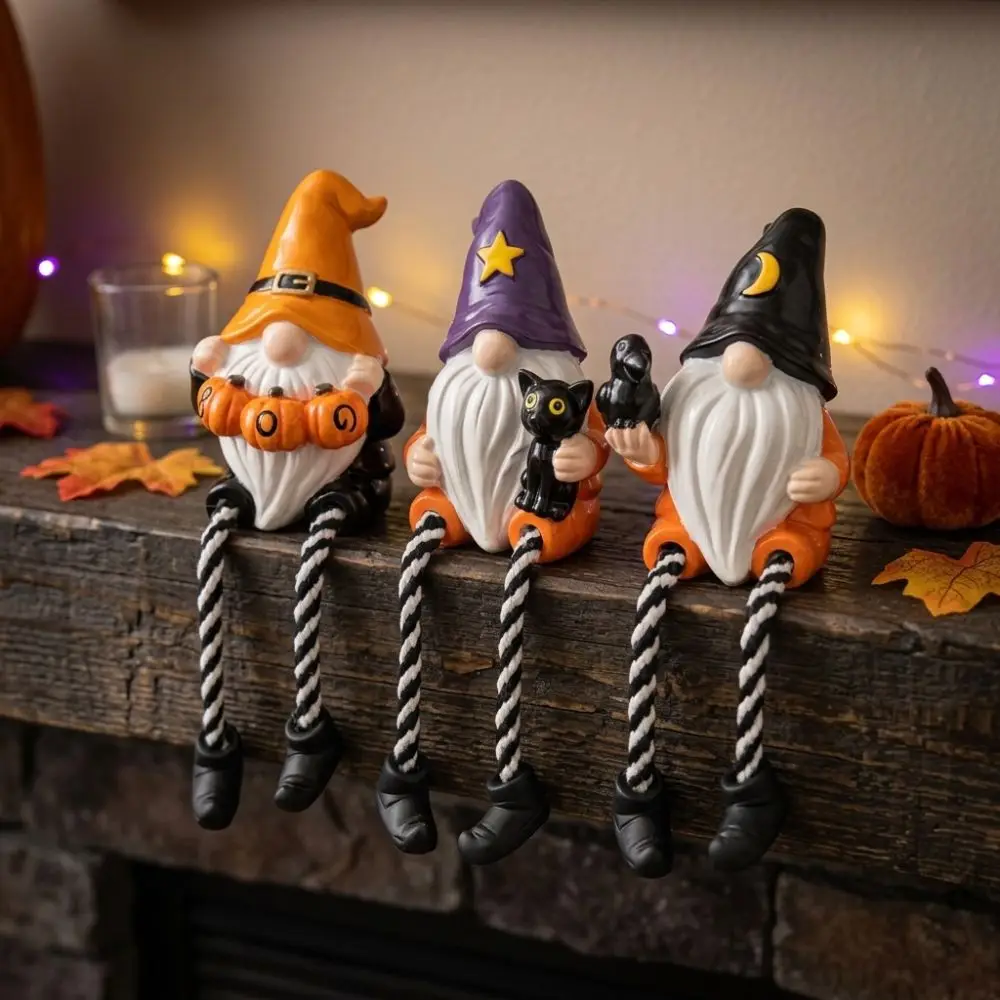 Hand-Painted Halloween Gnome Shelf Sitter Resin Spooky Crow Black Cat Gnome Figurine Striped Legs Pumpkin