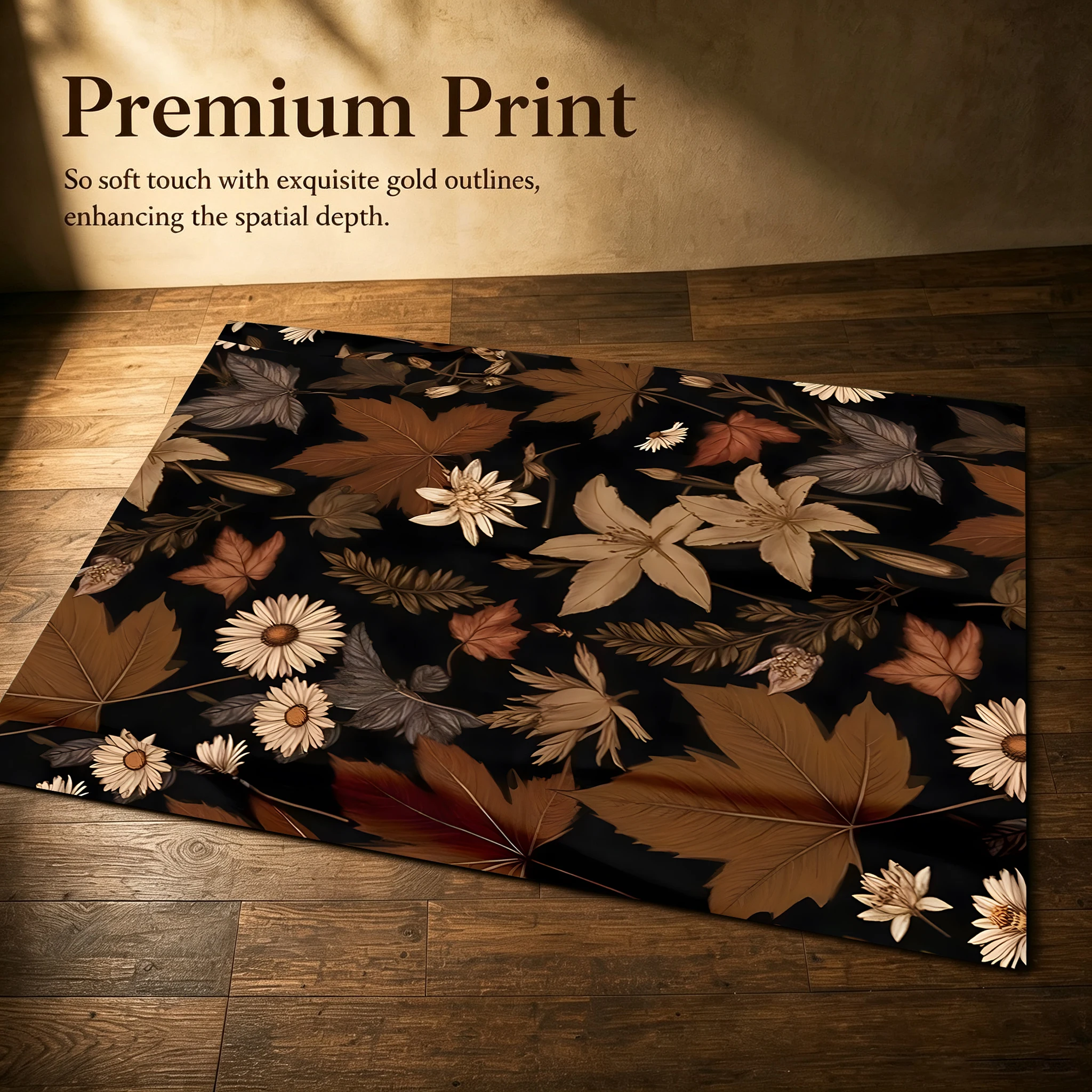 Brown Maple Leaf and Daisy Dried Plant Print Vintage Maillard Style Velvet Rug, Autumn and Winter Style, Suitable for Living Room and Bedroom, Creating a Rich Autumn Harvest Atmosphere