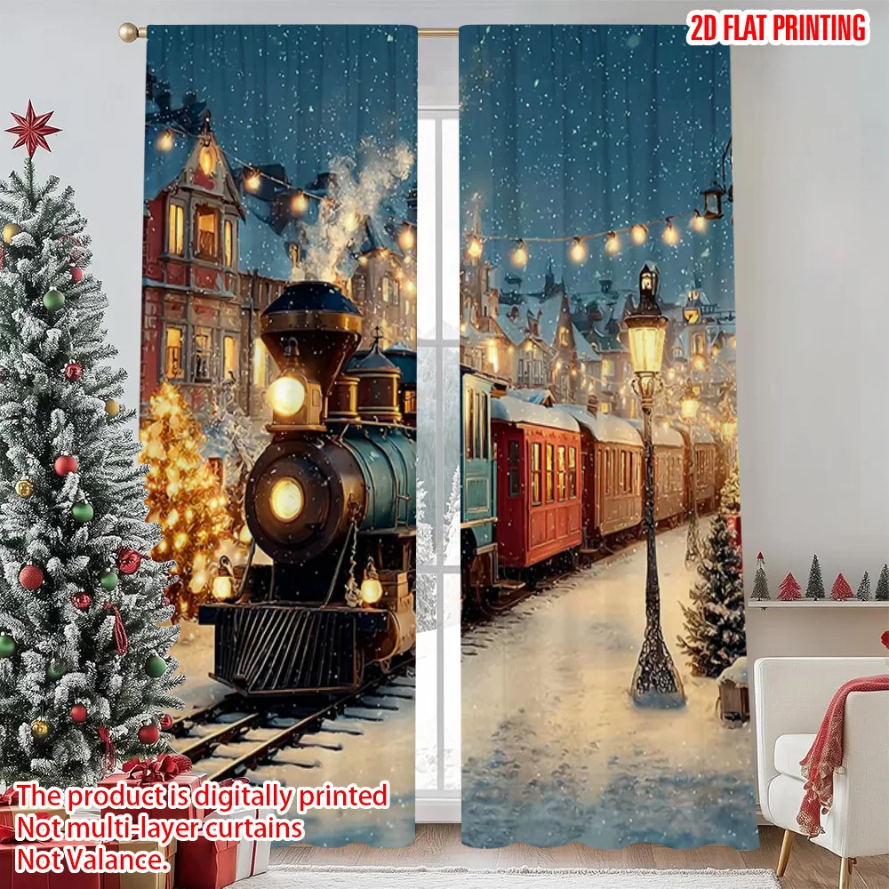

2pcs 2D flat printing Christmas Scene Curtain Christmas Train4 Versatile Polyester Without Electricity Family Party Decoration