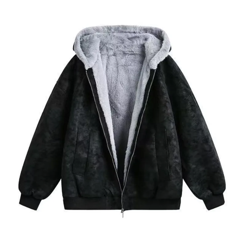 American-style Hooded Mountain Carving Cotton-padded Jackets for Men and Women Added Fleece Thickened Warmth  Cold-proof Coats