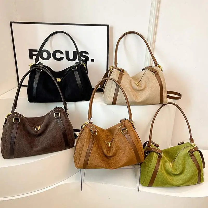 

Suede Tote Bag Double-headed Zipper Shoulder Bag Multi-function Crossbody Bag Commuter Pillow Bag Spacious Handbag
