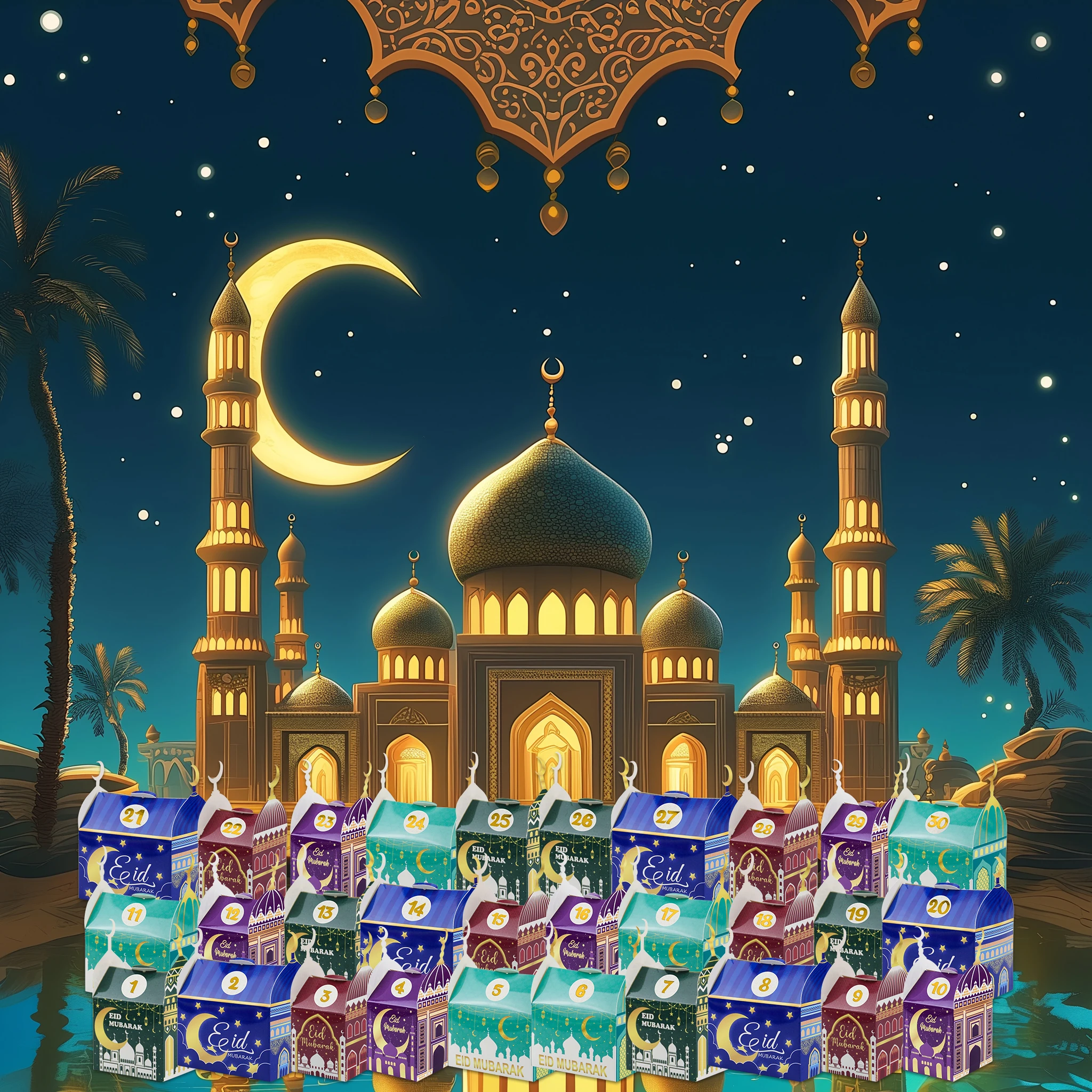 30PCS Ramdan Advent Calendar，30 Empty Boxes for 30 days, Eid Mubarak Coutdown Calendar Fillable Ramadan Gift Box