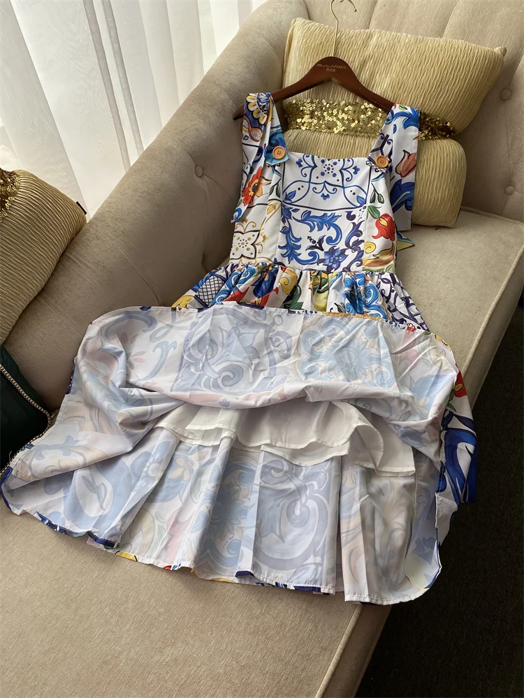 Runway Flower Sexy Dress Summer 2024 Women\'s Bow Spaghetti Strap Sundress Blue And White Porcelain Floral Print Mini Dress