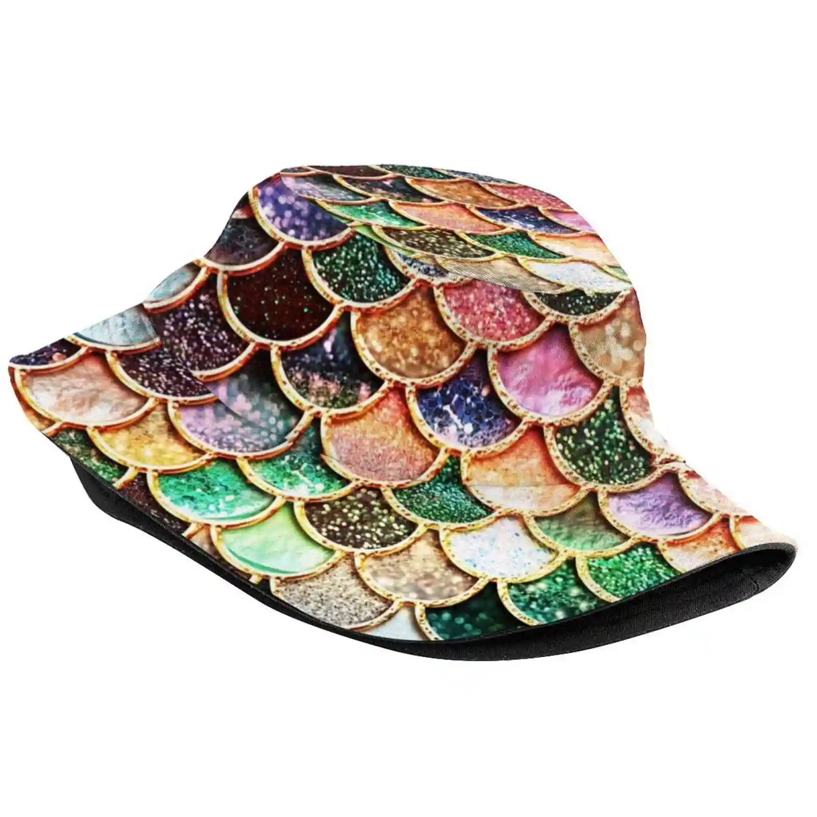 Copper Green Gold And Pink Sparkle Faux Glitter Mermaid Scales Sun Cap Fisherman Hat Bucket Hats Mermaidscales Mermaidpattern