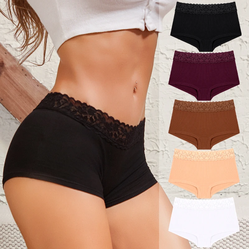 

1Pcs/Set Sexy Lace Seamless Cotton Boxer Panties For Women Solid Color Low Waisted Sport Panties Sets Female Underpants Lingerie