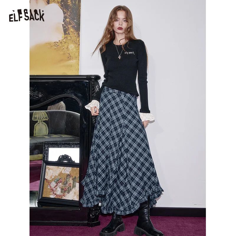 

ELFSACK 2025 Autumn New Arrivals Casual Asymmetric Plaid Midi Skirt Irregular Design Long Skirt For Woman