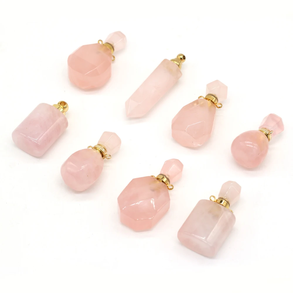 Natural Quartz Perfume Bottle Pendants Rose  Two-Holes Connectors For Jewelry Making DIY Bracelet Necklace Accessories