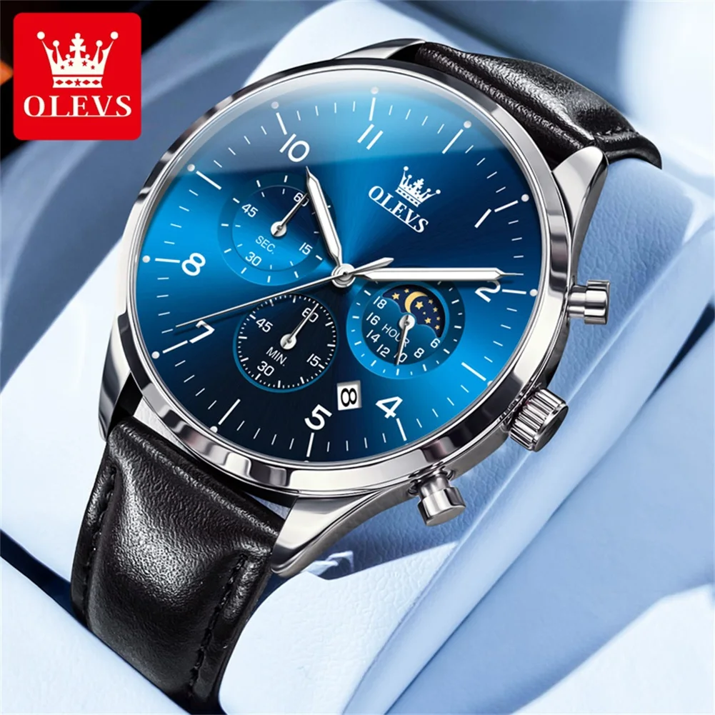 OLEVS Classic Quartz Watch for Men Chronograph Moon Phase Leather Strap Waterproof Men Watch Luminous Fashion Men\'s Wristwatch