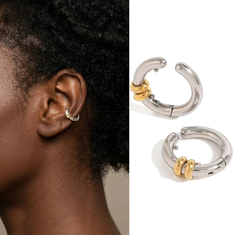 Minimalist Two-tone Open C Huggie Hoop Earring Stainless Steel Tiny Round Ear Cuffs for Ear Cartilage Unisex Jewelry Non Tarnish