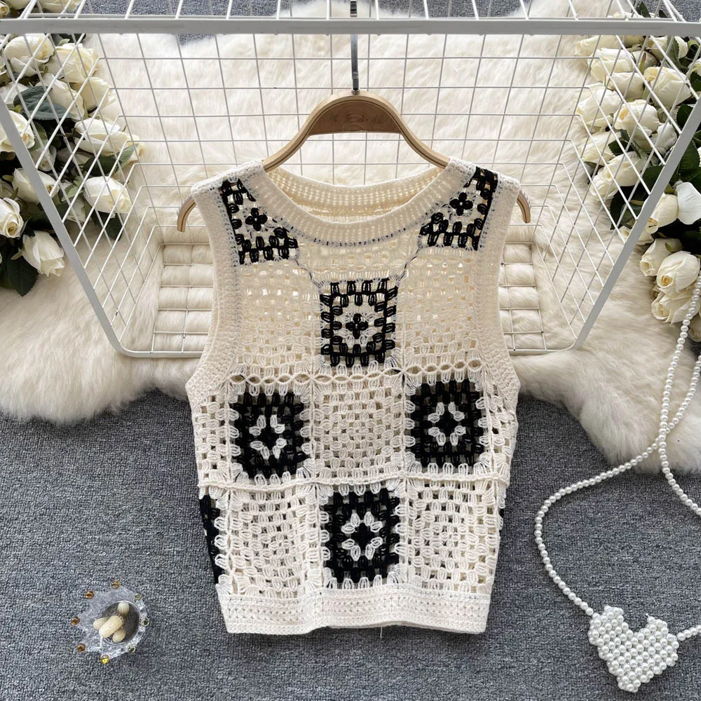 Women Granny Square Crochet Top Openwork Knit Sleeveless Vest Knitwear Laides Teengirl Summer Fairycore Cottagecore Outfit