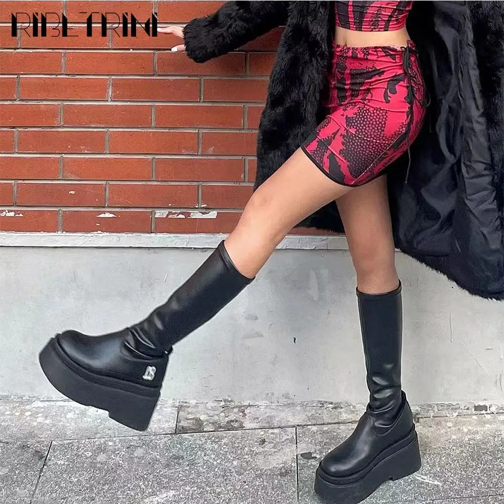 Punk Goth Women Motorcycle Boots Thick High Heeled Platform Shoes Knee High Slip On Designer Winter Luxury Trendy Street Boots