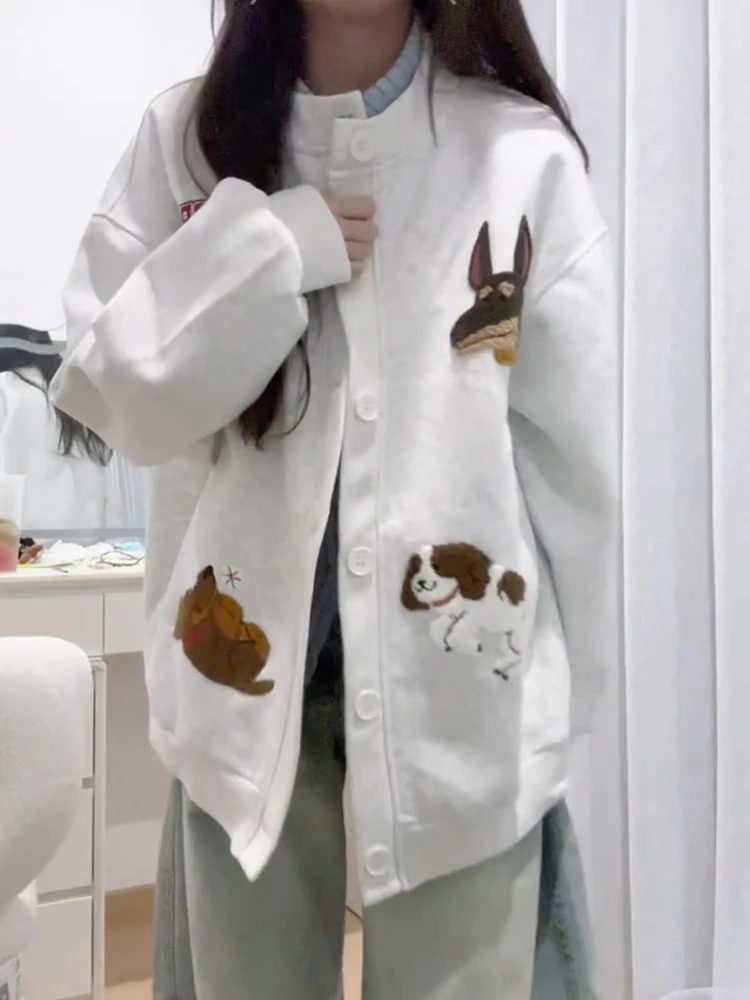 Koreaanse Lazy Sle Leuke Cartoon Hond Borduren Sweatshirt Jaet Dames Lente Herfst Losse Casual Paar Open Vest Top