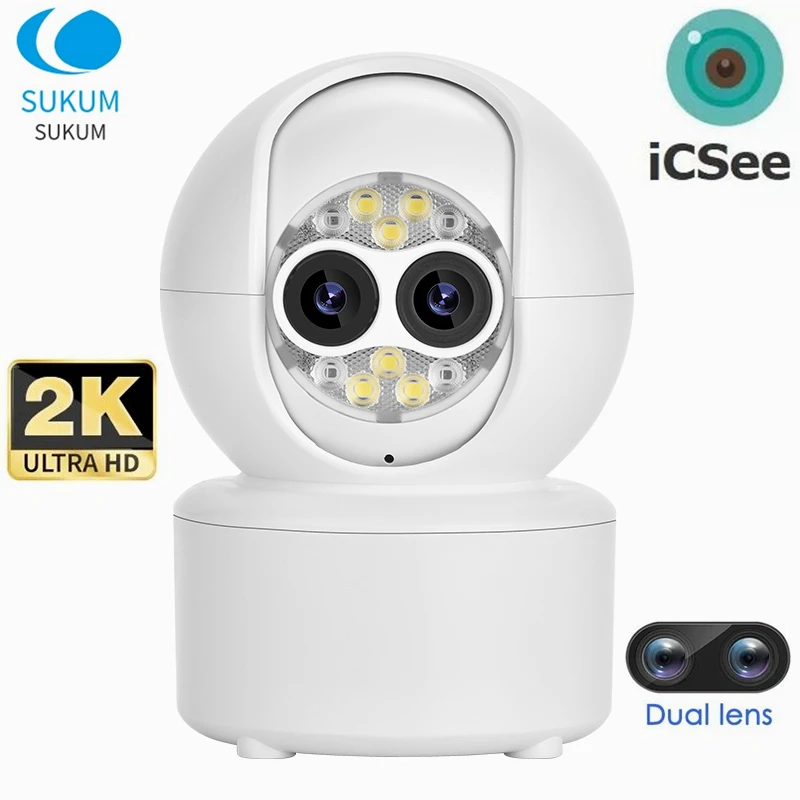 ICSee Dual Lens PTZ Camera WIFI Smart Home Color Night Vision 4MP Wireless Indoor Camera Two Ways Audio