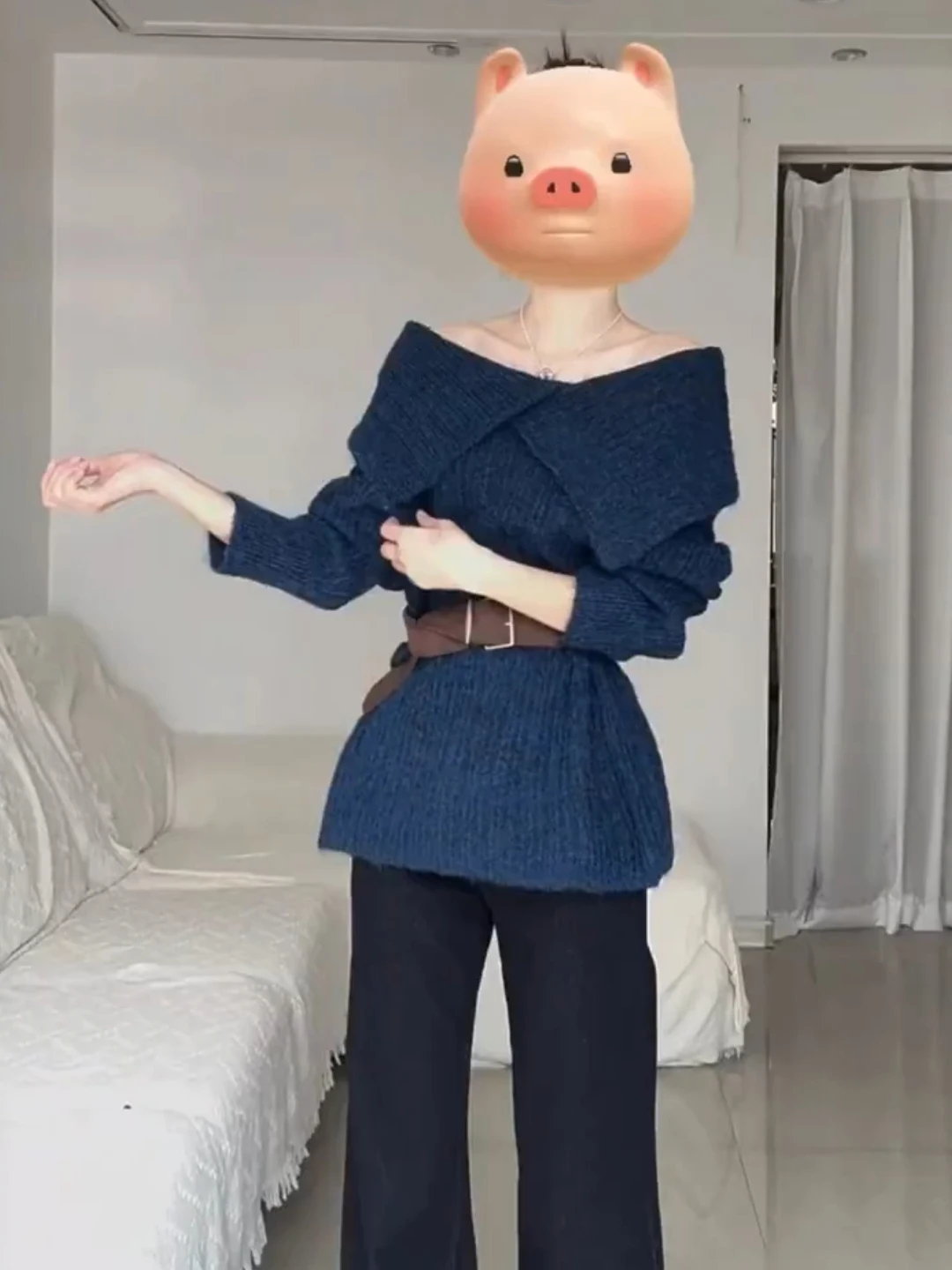 Pull tricoté bleu doux à une épaule pour femme, haut Long à col rabattu, décontracté et confortable, automne-hiver