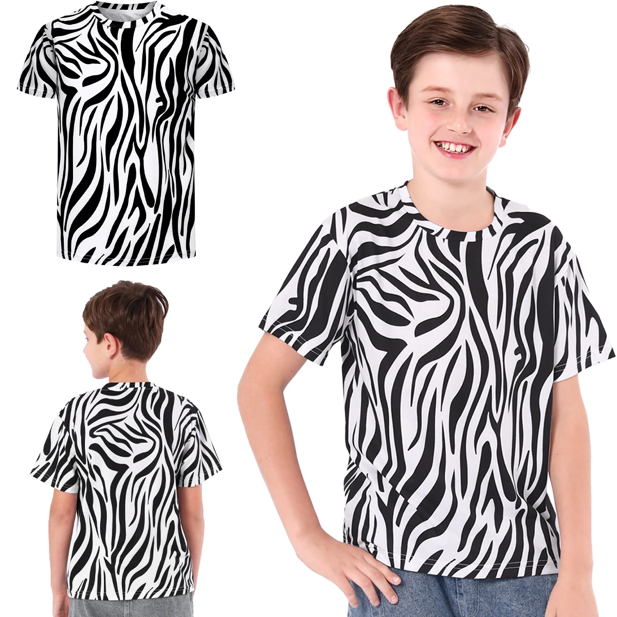 

Boys Zebra T Shirt Kids Animal Print Costume Toddler Halloween Black White Stripes Tops Game Theme Party Tees