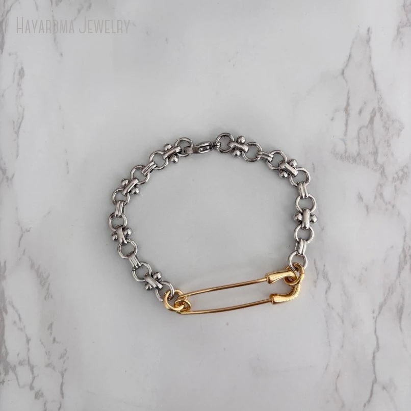 

10Pcs 2 Tone Safety Pin Stainless Steel Stacking Bracelet Protection Jewelry For Women And Men