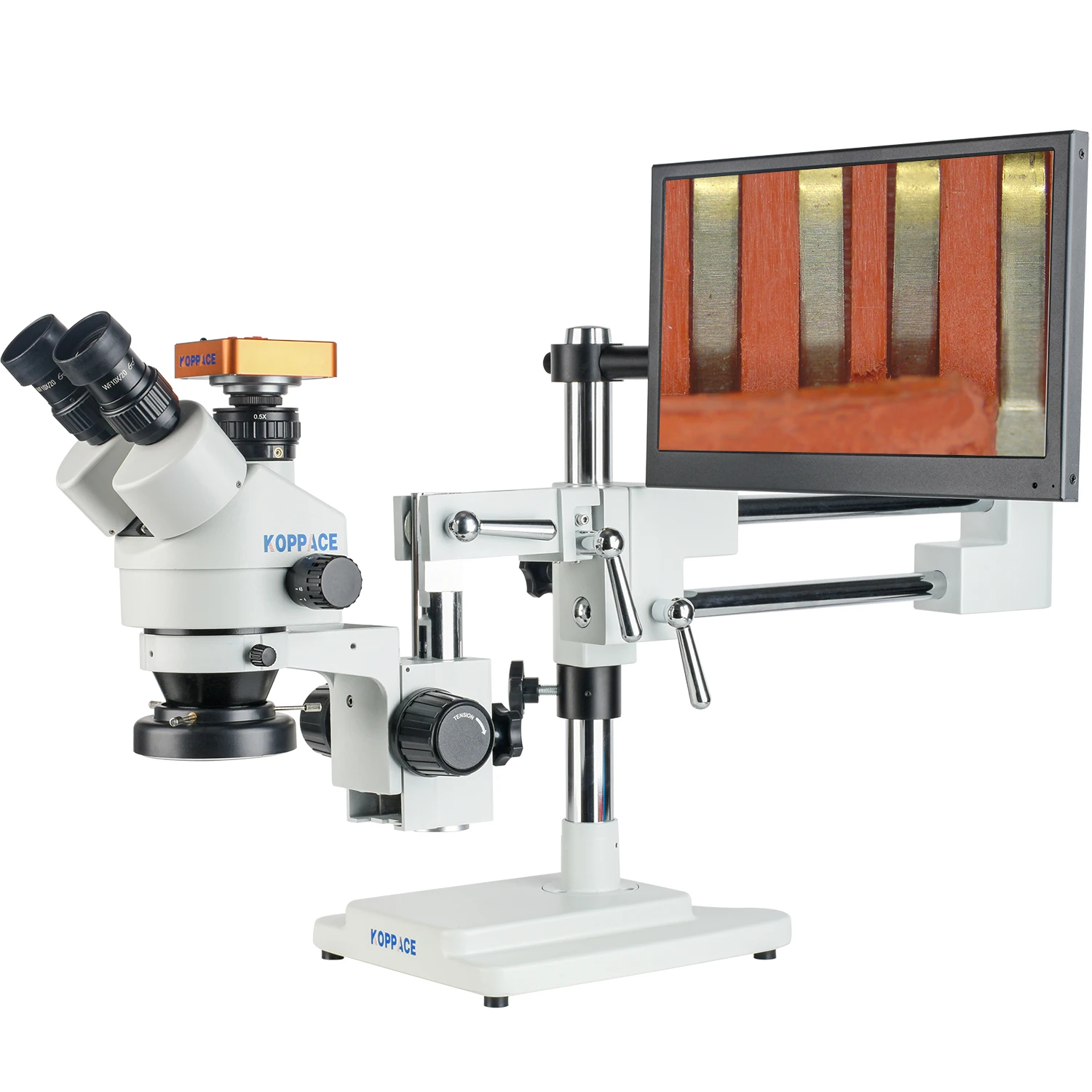 KOPPACE Triocular Stereo Electron Microscope 3.5X-180X Dual-Arm Bracket Continuous Zoom Lens 13.3 