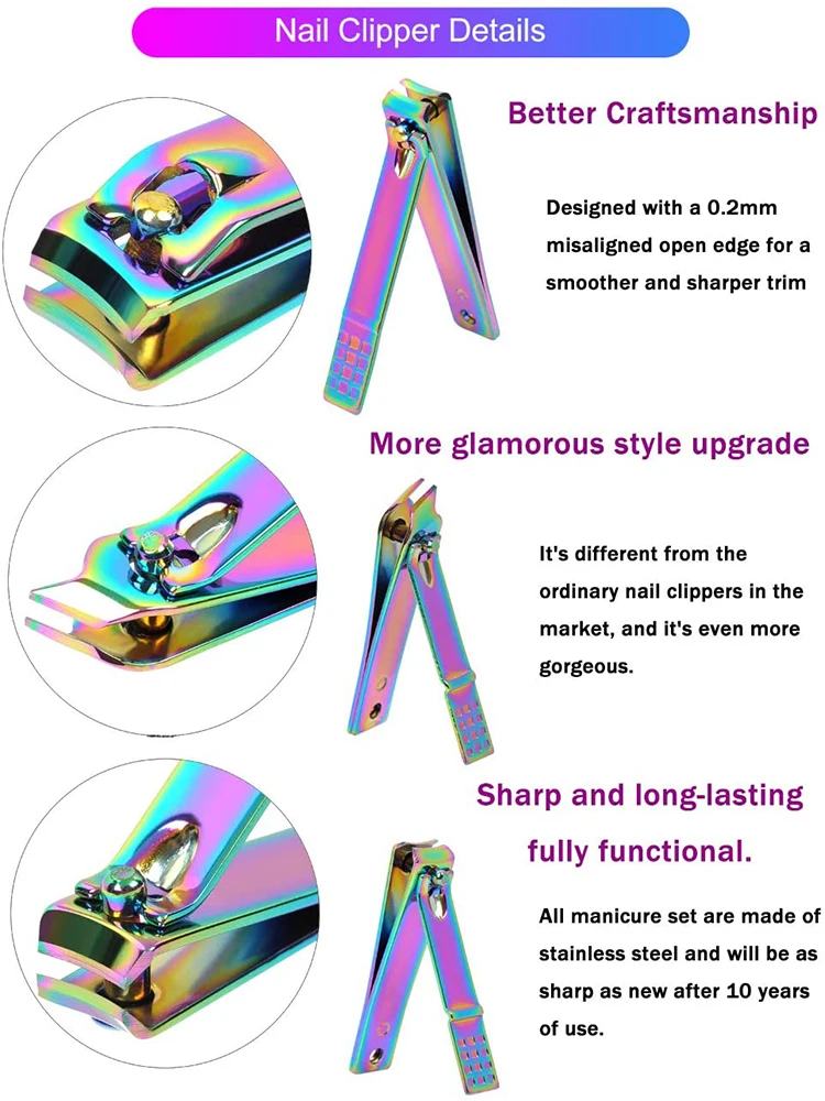 8/18 Elementów Nowy Zestaw do Manicure i Pedicure Rainbow Profesjonalne Narzędzia do Pielęgnacji Paznokci Pilnik Obcinaczki do Paznokci z Skórzanym Etui