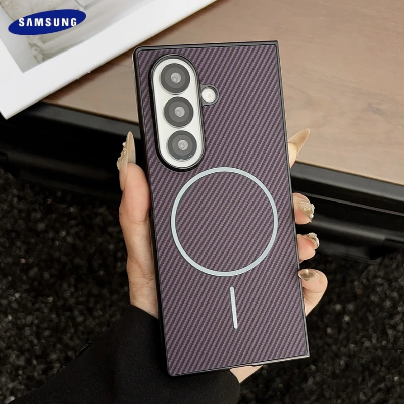 Углеродное волокно с узором из искусственной кожи для Magsafe, магнитный чехол для Samsung Galaxy Z Fold 7, 6, 4, 5, 3, противоударная матовая жесткая задняя крышка Углеродное волокно с узором из искусственной кожи для Magsafe, магнитный чехол для Samsung Galaxy Z Fold 7, 6, 4, 5, 3, противоударная матовая жесткая задняя крышка