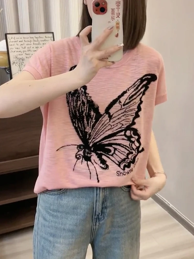 

Лето 2025 г., модная корейская свободная вышивка, круглая повседневная вязаная футболка для женщин больших размеров