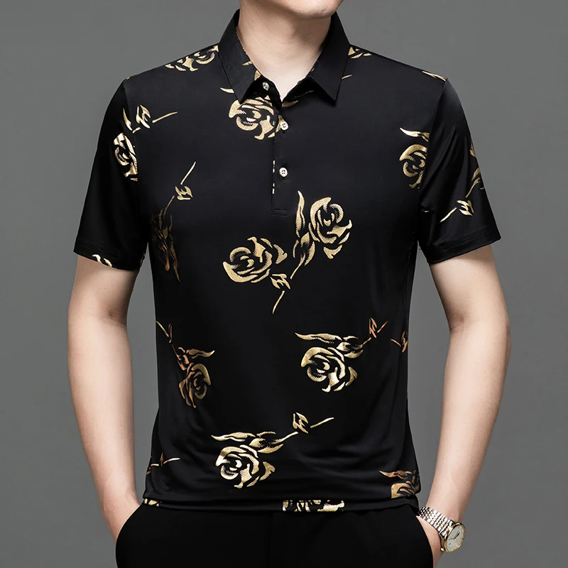 Summer Gold Printed Short Sleeve POLO Shirt, Men\'s Black Pullover T-Shirt, Fashion Casual Tops TShirt M L XL XXL XXXL XXXXL