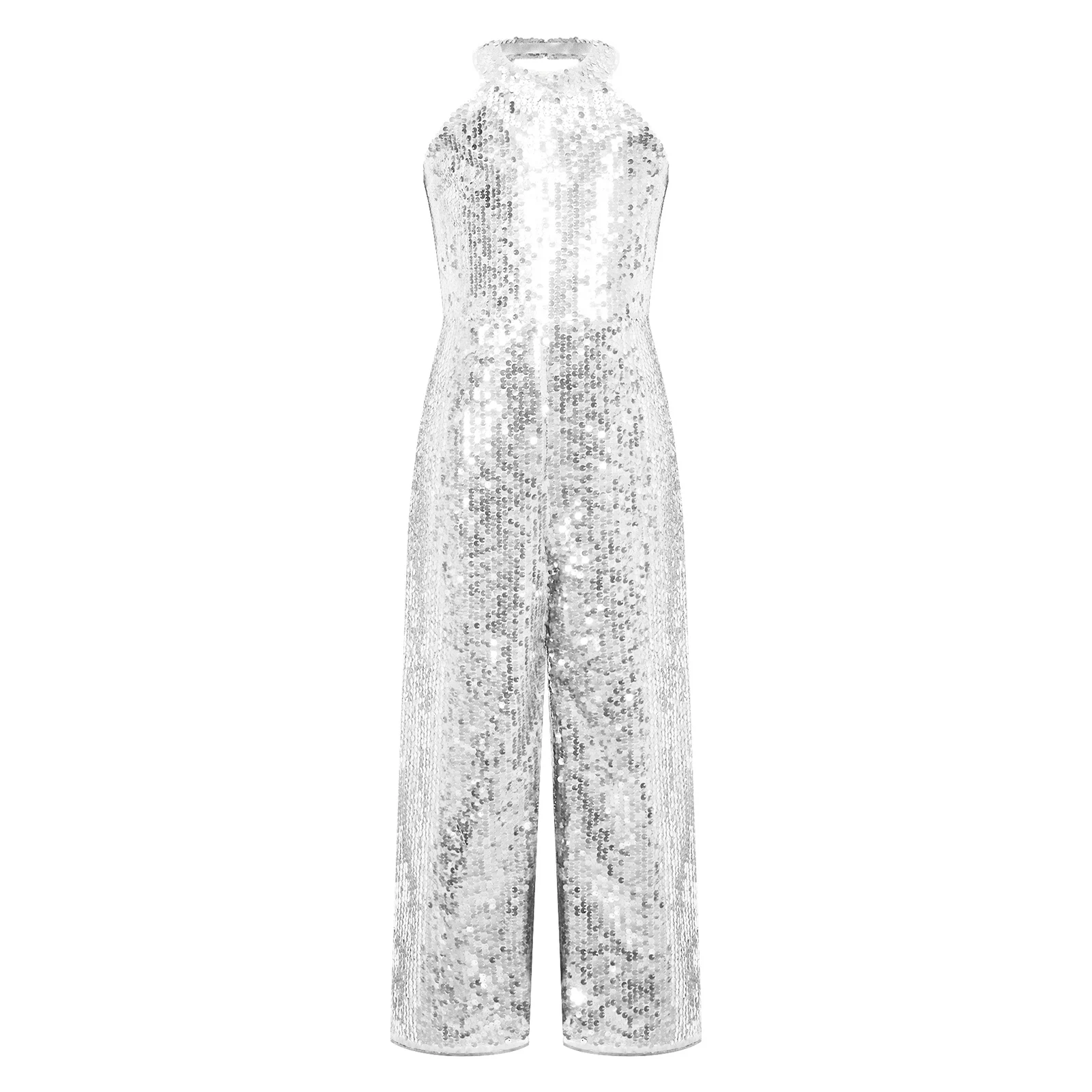 Kids Girls Shiny Sequins Gymnastics Jumpsuit Romper Halter Neck Wide Leg Pants Sleeveless Jumpsuit for Birthday Party Dancing