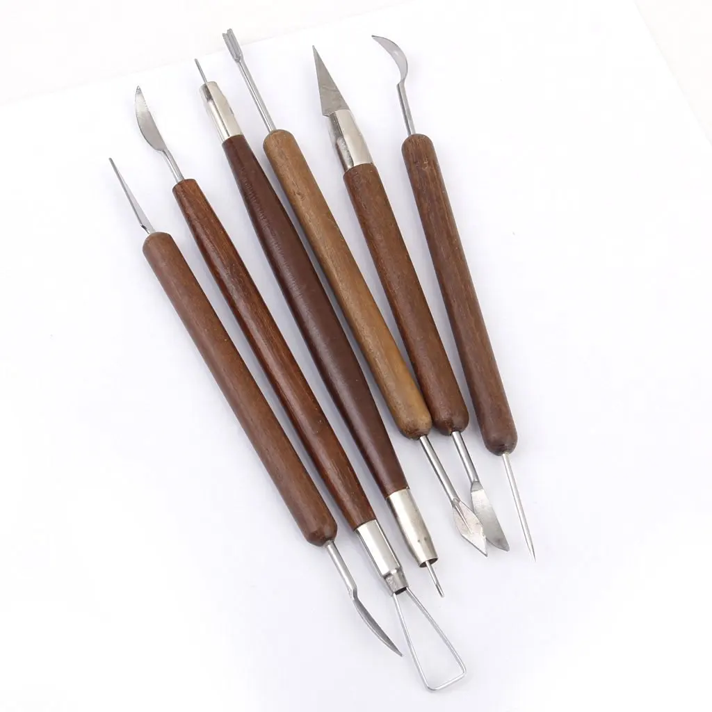 Pottery Clay Sculpture Carving Modeling Tools Wooden Handle Set Of 6Pcs