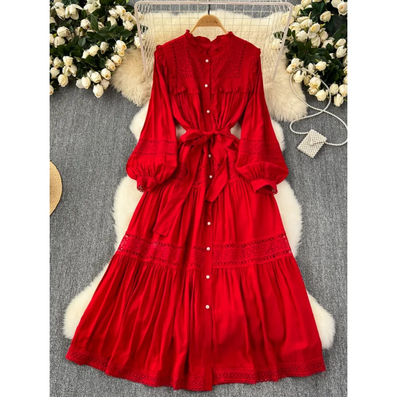 

Cool Breeze High-End Dress for Women French Heavy Lace Patchwork Waist-Tied Elegant Swing Vacation Long Dress