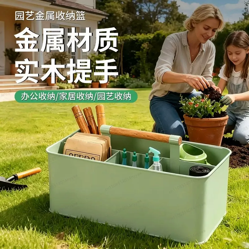 Gardening Tool Set with Basket, Featuring A Sturdy Stainless Steel Toolbox with Wooden Handles and A Four-compartment Storage
