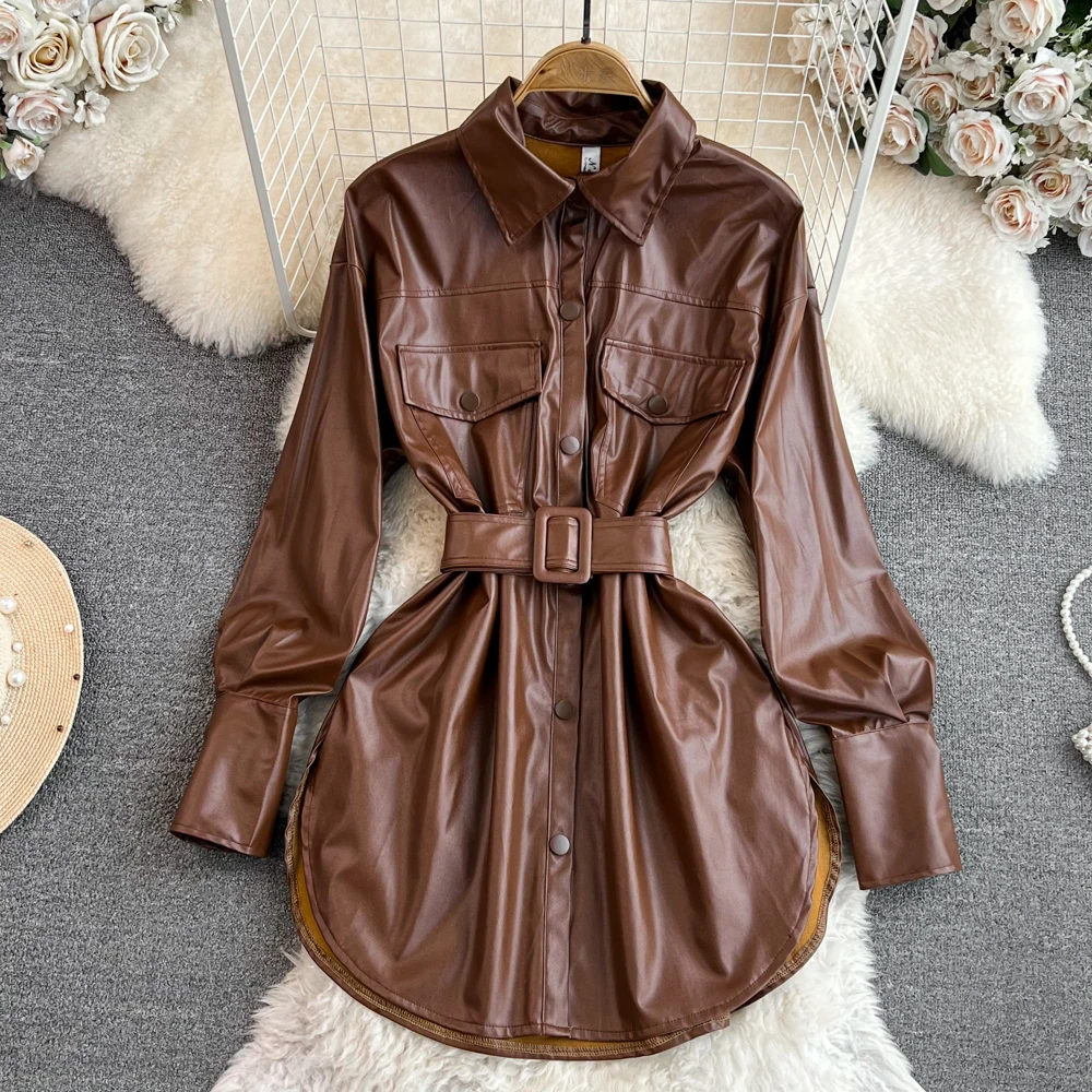 Autumn Winter PU Dress Women Turn-down Collar Single-breasted with Belt Long-sleeved Jacket Casual Fashion Solid-color Skirt