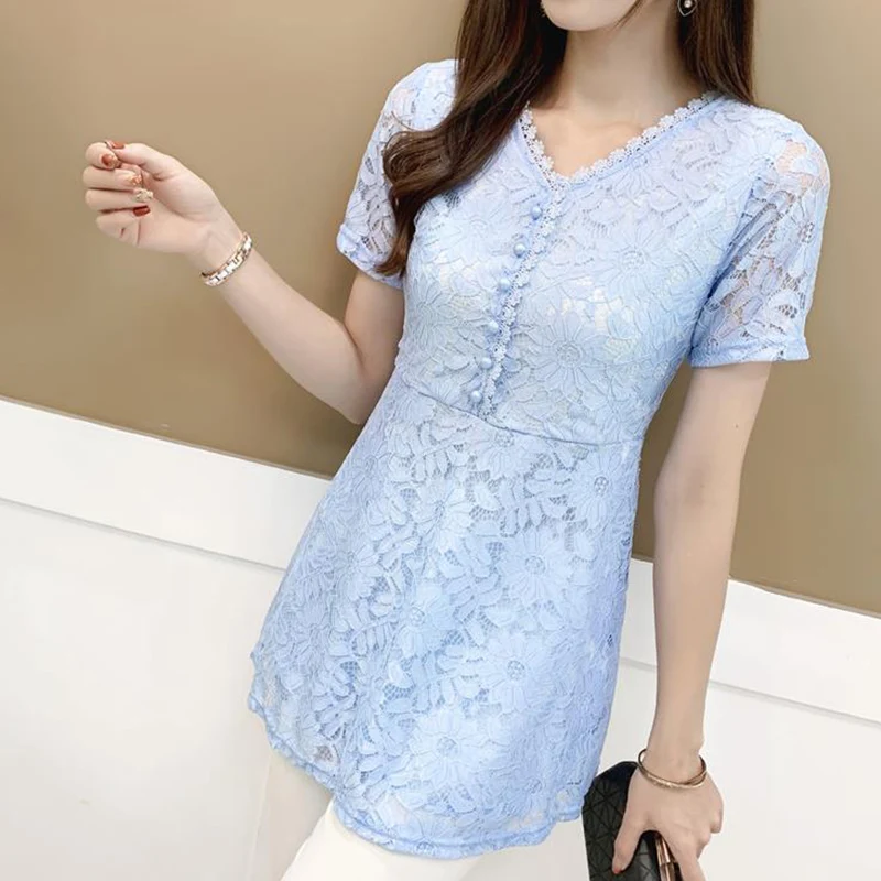 Elegant Fashion Solid Hollow Out Button Lace Shirt Summer 2023 New V-Neck Short Sleeve Slim Pullovers Long Tops Women\'s Clothing