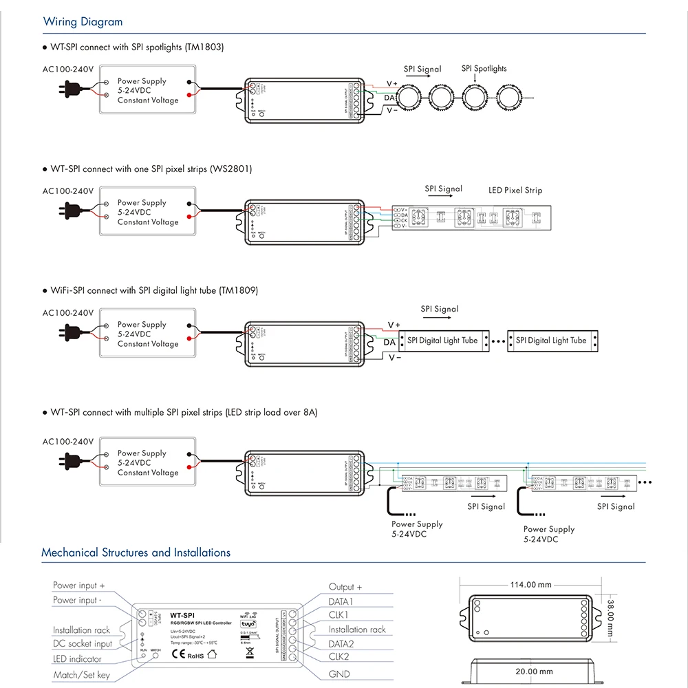 Skydance WT-SPI DC5-24V Tuya Smart WiFi + 2.4GHzRF SPI APP Controlador para WS2811 WS2812 WS2815 Pixel RGBIC/RGBWIC LED Strip Light