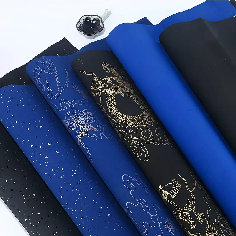 Dark Blue Xuan Paper Brush Pen Calligraphy Thicken Half-Ripe Rice Paper Dragon Pattern Sprinkle Gold Pastel Papier Art Decoupage