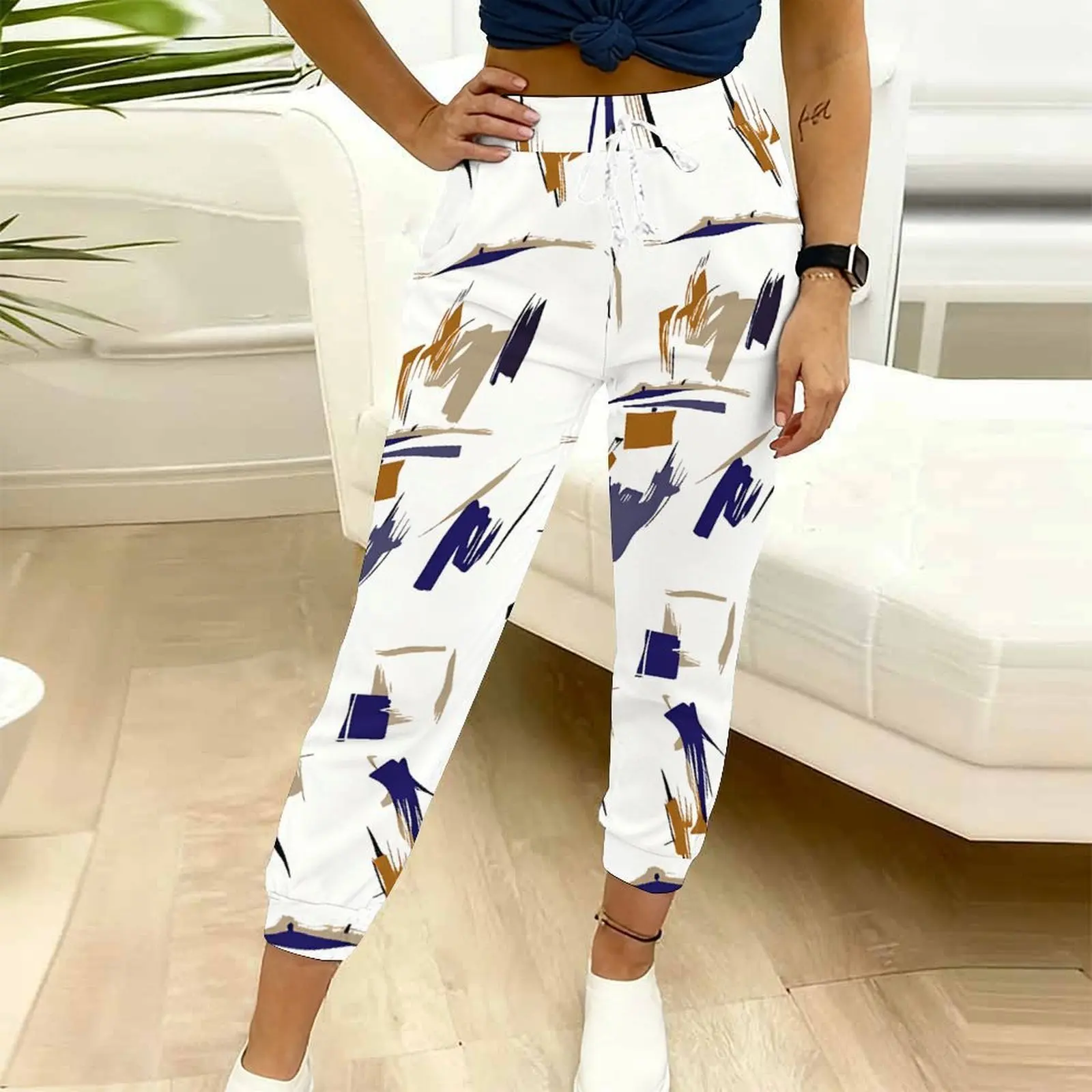 Classic Striped Print Drawstring Pocket Pants Autumn Winter Fashion Sport Pants Slim Versatile Trousers Women's Casual