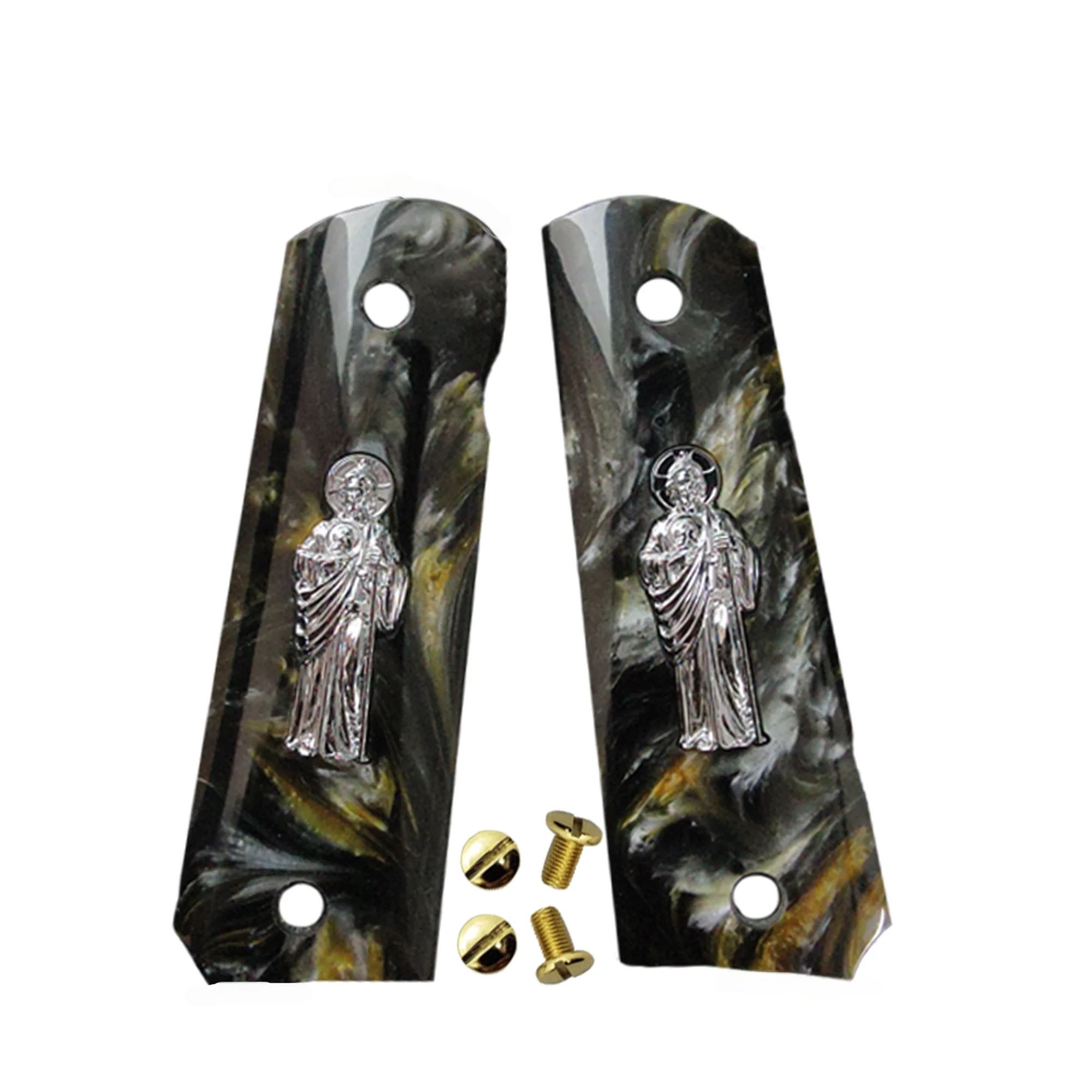 1911 Grips Full Size, Goudbruine parelmoer Zilver Saint Jude, Geschikt voor Colt, Kimber, Springfield, Remington, Rock Island, Government Commander