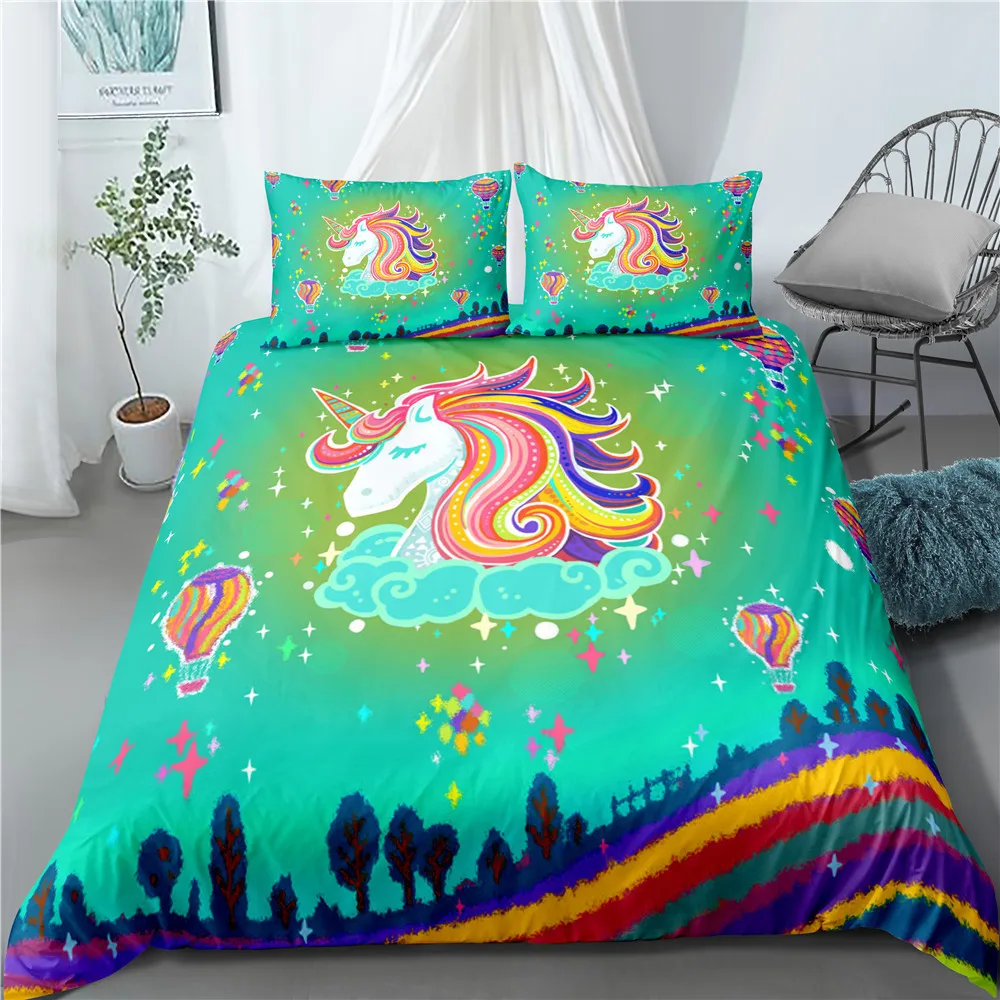 Cartoon Rainbow Unicorn Bed Linens Home Textile Duvet Cover Set Pillowcases Bedding Set Girl Kids Gift Queen Double Bed Size