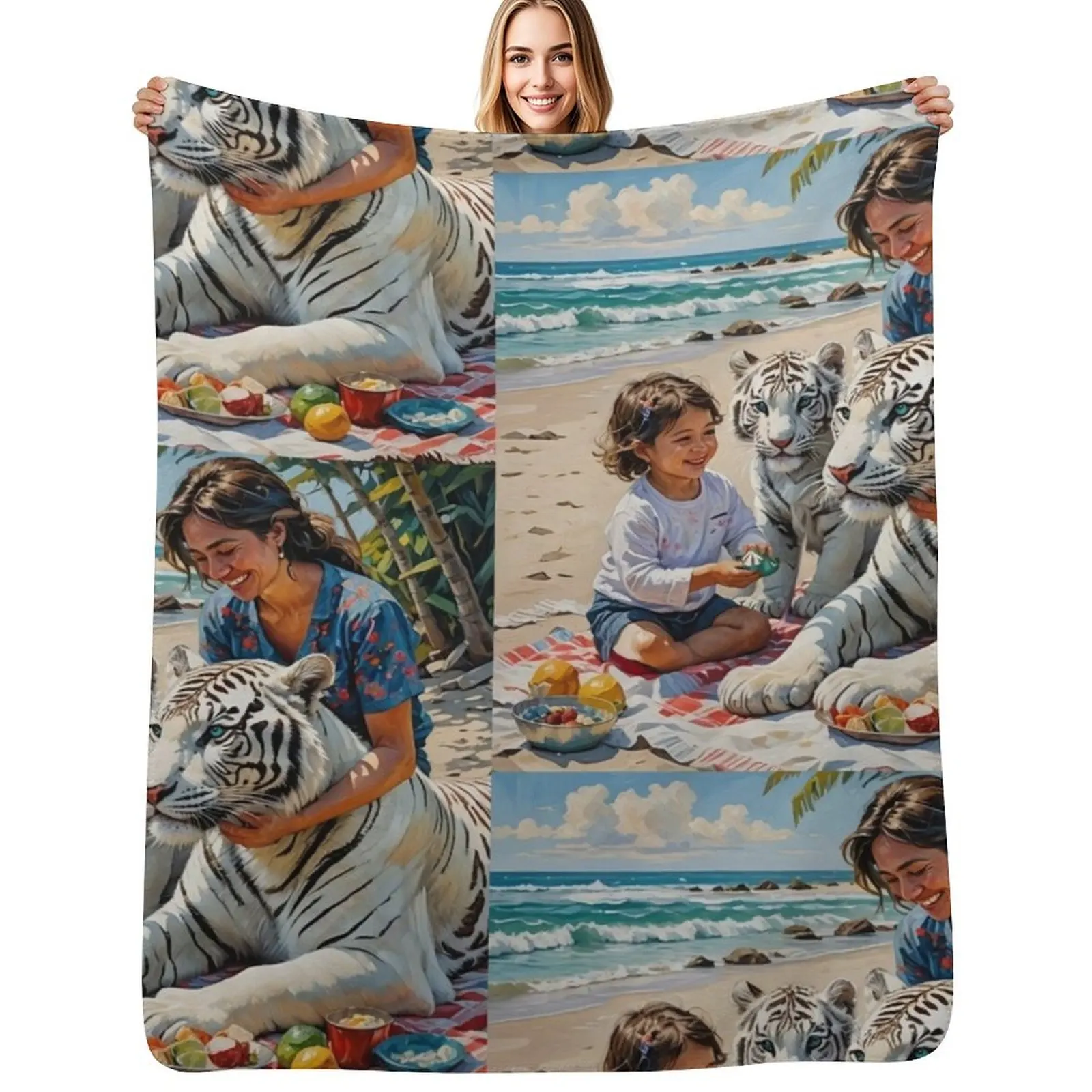 

White Tiger Beach Paradise Throw Blanket Vintage Camping Hairys Furrys Blankets