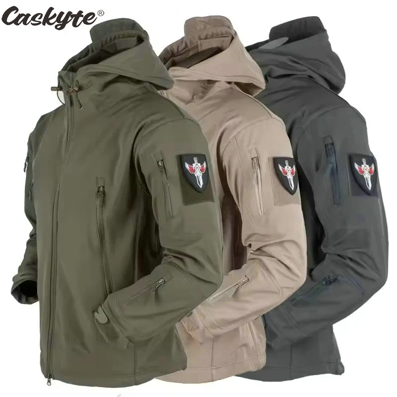 CASKYTE Shark Skin Soft Shell Cycling Jackets Men Windproof Waterproof Jacket Men Army Combat Jackets Mens Hooded  Bicycle Coat