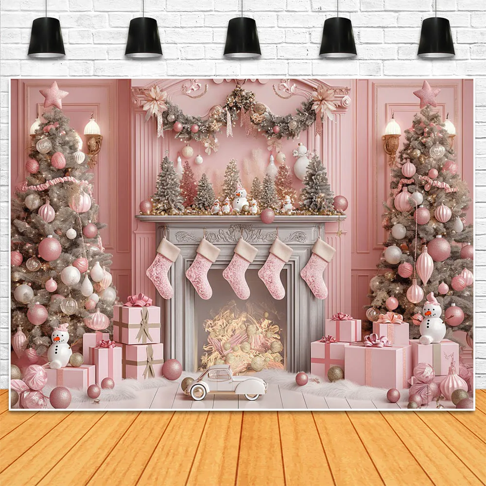 Mocsicka Christmas Pink Vintage Wall Backdrop for Photography Fireplace Xmas Tree Wreath Gift Box Girl Princess Photo Background