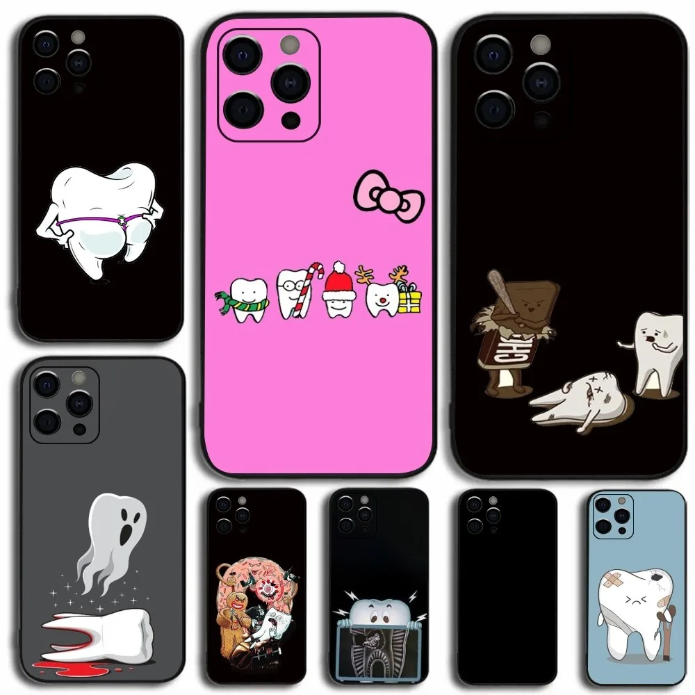 Teeth Tooth Cartoon Funny Phone Case For Apple iPhone 15,14,13,12,11,Pro,X,XS,Max,XR,Plus,Mini Soft Black Cover