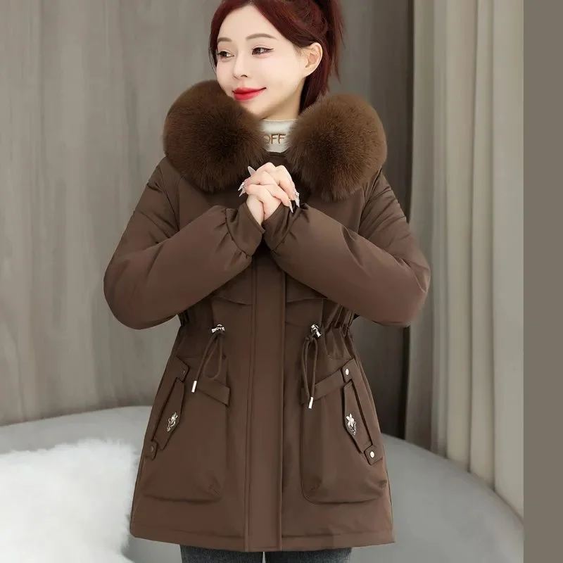 

Женские толстые парки с меховым капюшоном на молнии, осенние пальто, куртки миди с эластичной резинкой на талии, пальто с карманами, элегантное пальто, теплое зимнее пальто