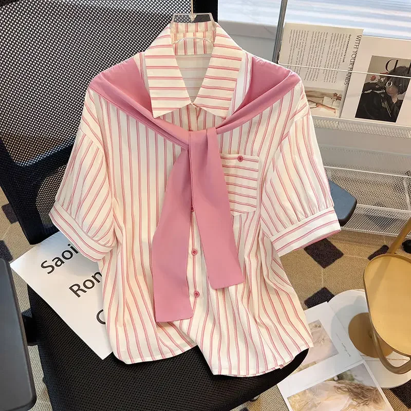 

Women's Summer Trend Clothing Short Sleeved Striped Shirt Pocket Shawl Shirt Top Sweet Casual Office Lady's Shirts And Blouses