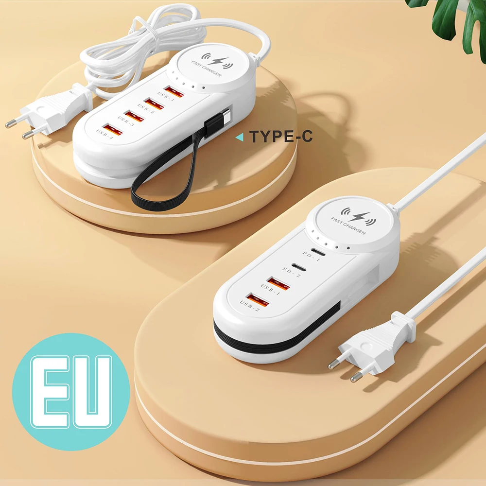 Multi-Port USB C Fast Charger 4 Ports 2PD 2USB with Type-C Cable LED Display for iPhone 16 Samsung S24 Xiaomi 14 EU/US/UK Plug