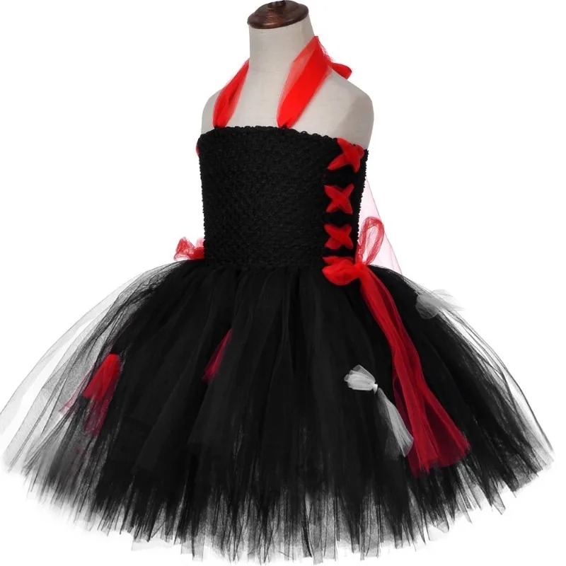 Girls Horror Style Tulle Dress,  Kids Carnival Party Outfit Set,  Children Devil Themed Halloween Carnival Stage Clothing